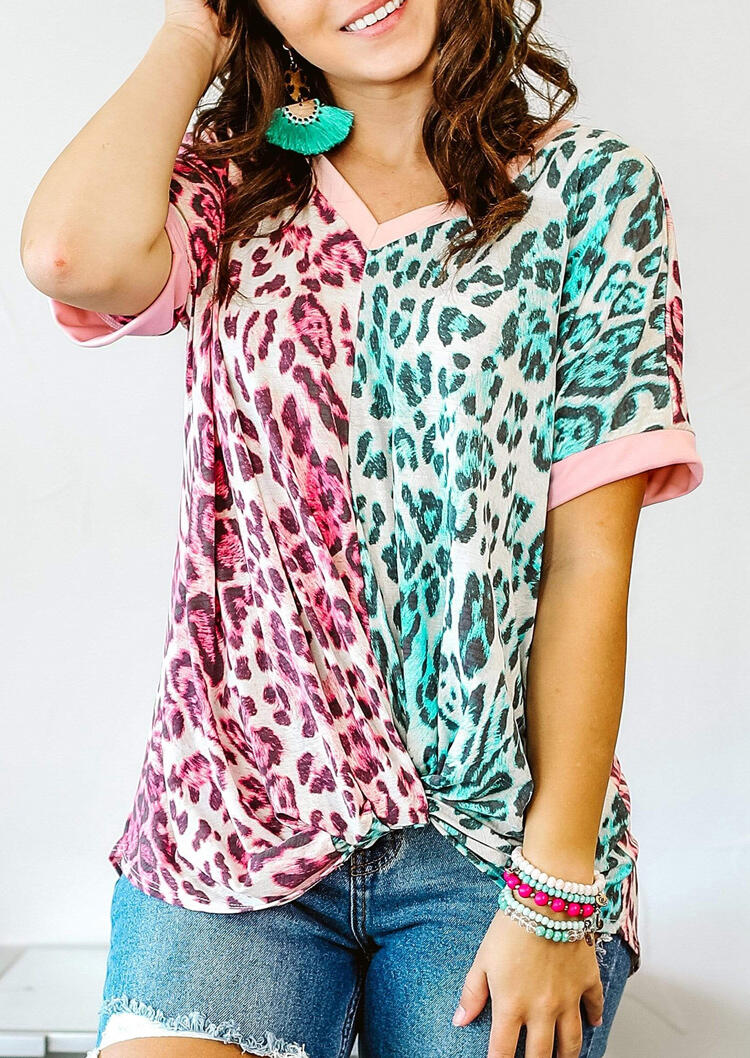 

Leopard Color Block Twist Blouse, Multicolor, 474781
