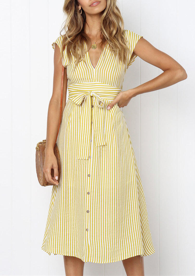 

Striped Button Tie Hollow Out Casual Dress without Necklace - Yellow, 474834
