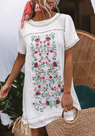 Weomen New Clothes Floral O-Neck Mini Dress White
