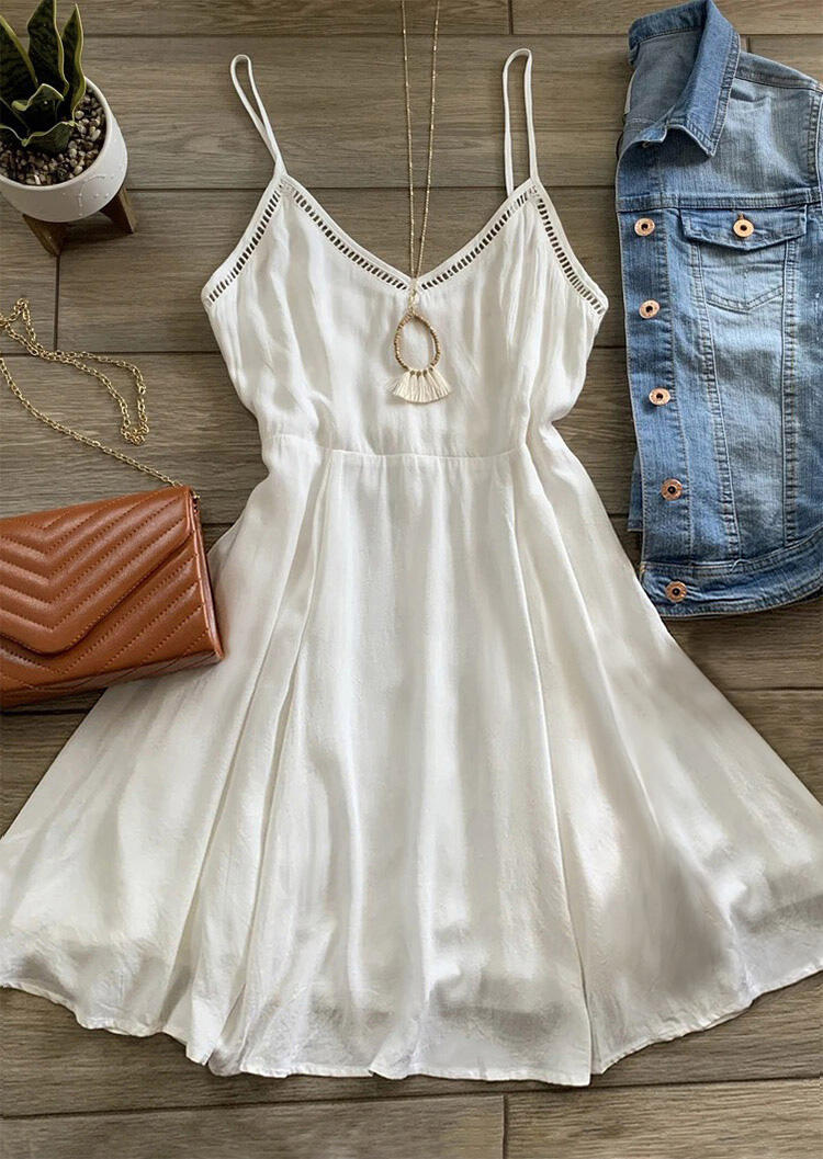 

Mini Dresses Hollow Out Ruffled Spaghetti Strap Mini Dress without Necklace in White. Size