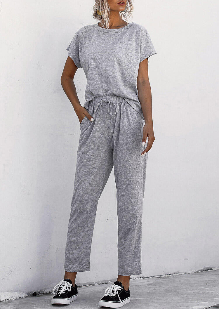 

Two-Piece Sets O-Neck T-Shirt Tee And Pocket Tie Drawstring Leggings Set in Gray. Size