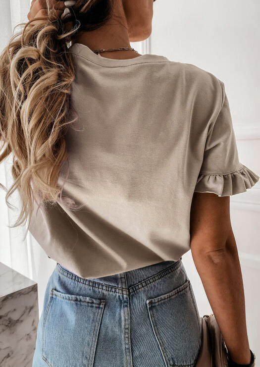 

T-shirts Ruffled O-Neck T-Shirt Tee without Necklace in Khaki. Size: ,M,L,XL