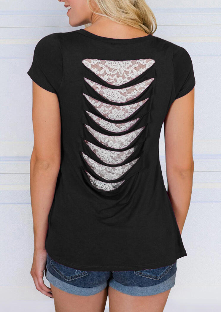 

Blouses Lace Splicing Hollow Out Pocket Blouse in Black. Size