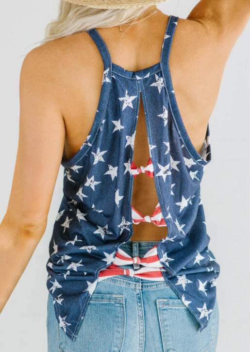 

American Flag Star Hollow Out Bowknot Pocket Camisole - Deep Blue, 401345