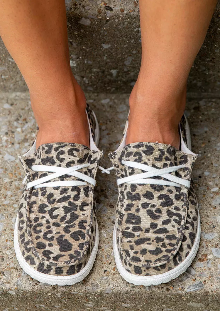 leopard lace up round toe flat sneakers