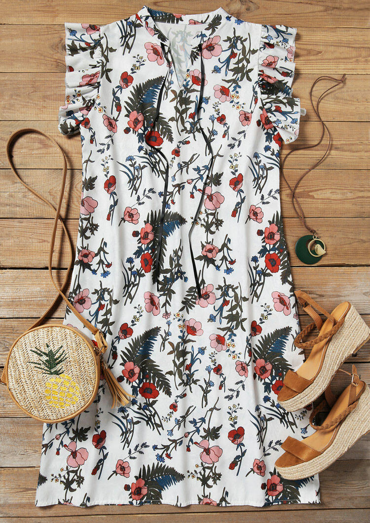 

Leaf Floral Drawstring V-Neck Mini Dress - White, 474355