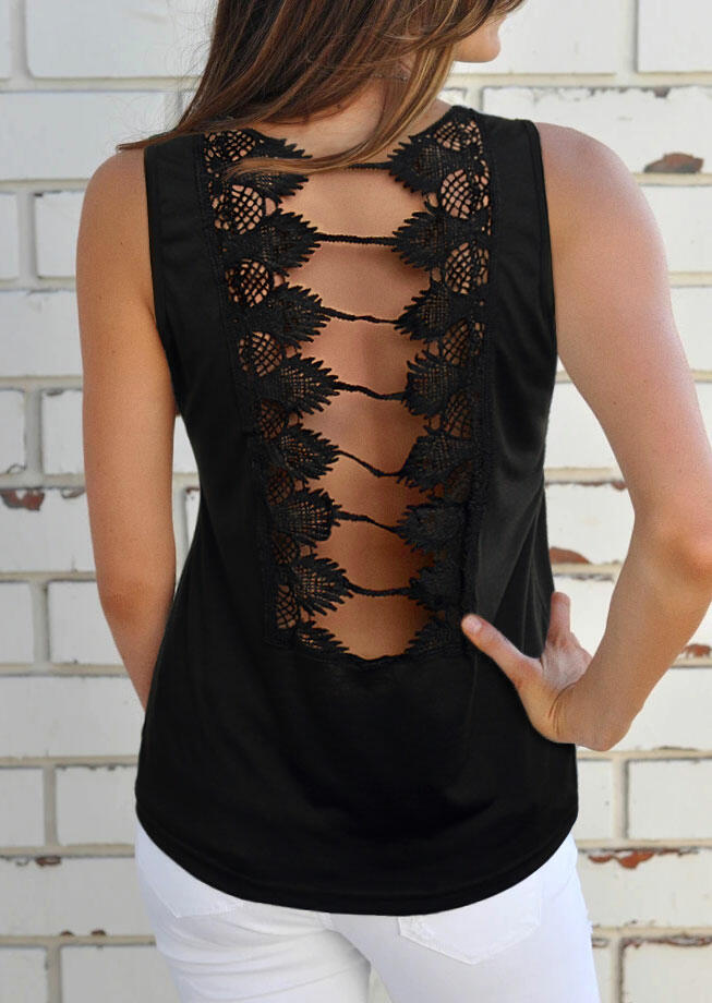 

Tank Tops Lace Splicing Open Back Tank in Black. Size