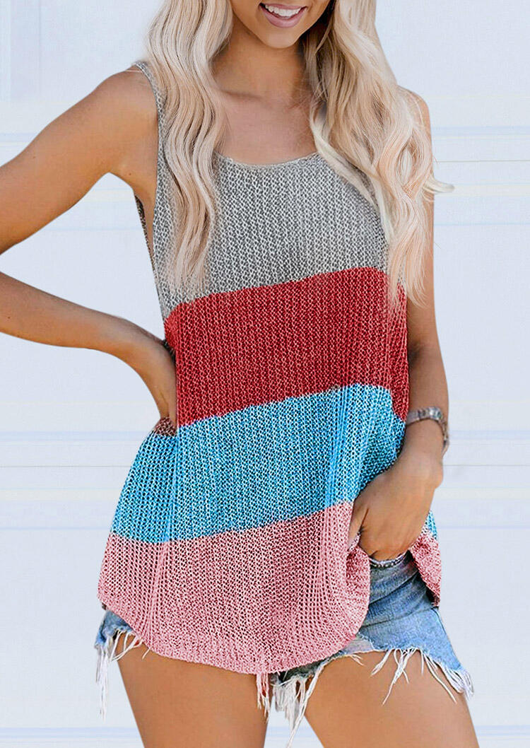 

Tank Tops Color Block Knitted O-Neck Camisole in Multicolor. Size: S,,XL