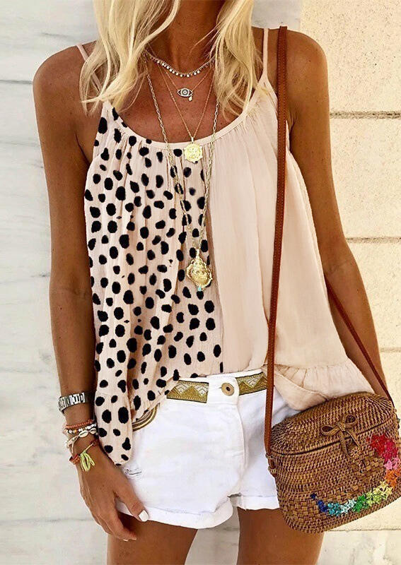 

Leopard Polka Dot Splicing Ruffled Camisole without Necklace - Apricot, 474969