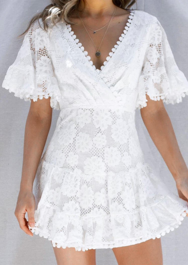 

Mini Dresses Lace Splicing Hollow Out Wrap Floral Mini Dress without Necklace in White. Size: ,XL