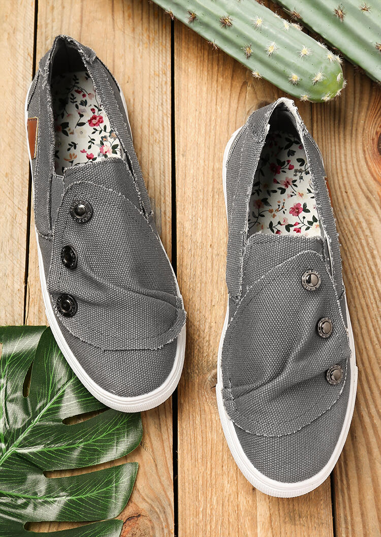 

Solid Ruffled Button Flat Sneakers - Gray, 450573