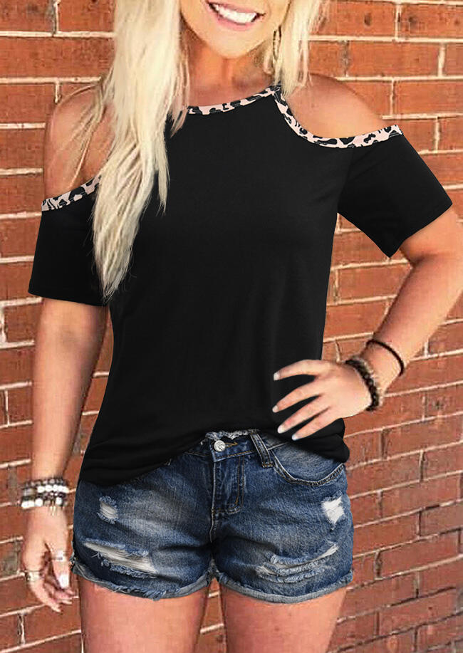 

Leopard Splicing Cold Shoulder Blouse without Necklace - Black, 474895
