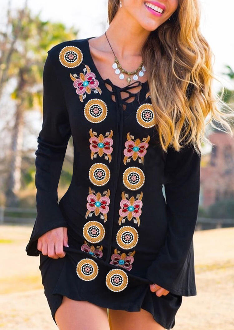 

Vintage Floral Lace Up Mini Dress without Necklace - Black, 474923