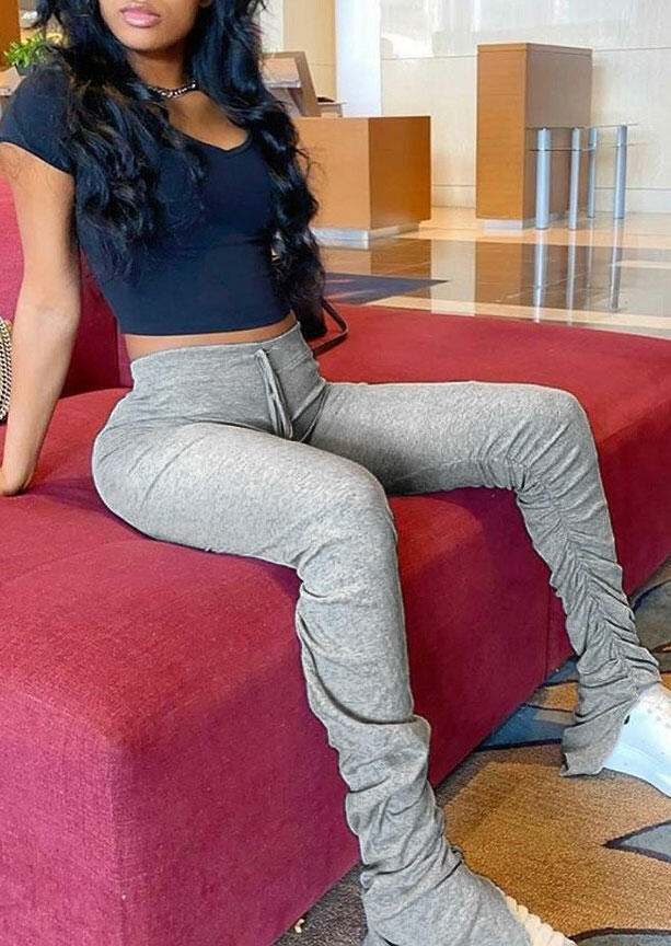 

Pants Ruffled Slit Drawstring Flare Pants in Gray. Size