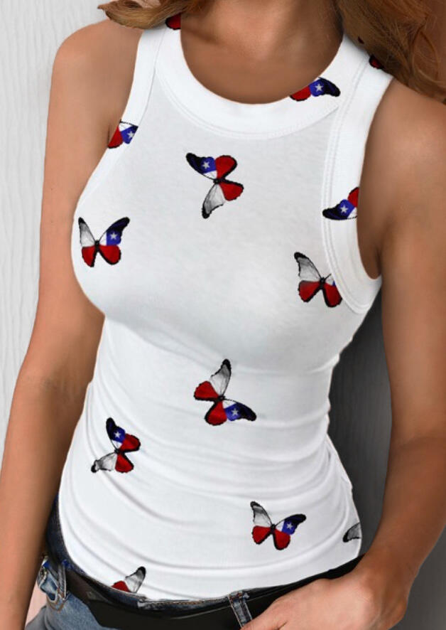 

Tank Tops Butterfly American Flag Star O-Neck Tank Top in White. Size