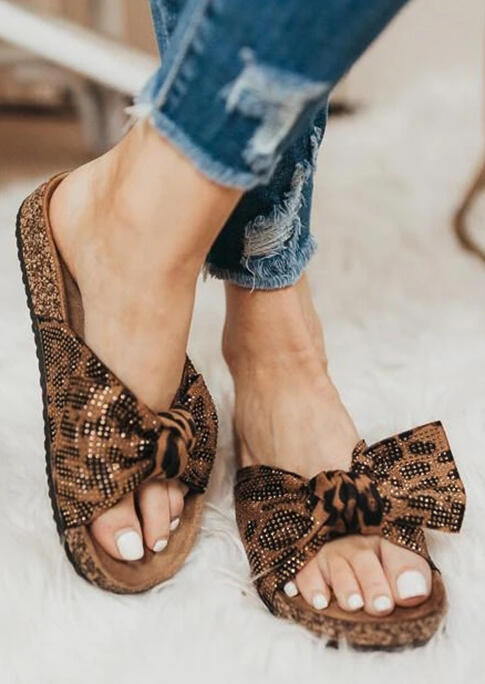 

Leopard Rhinestone Bowknot Slippers, 475109