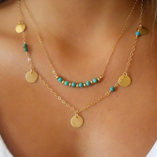 

Turquoise Beads Pendant Dual-Layered Necklace, Gold, 475148