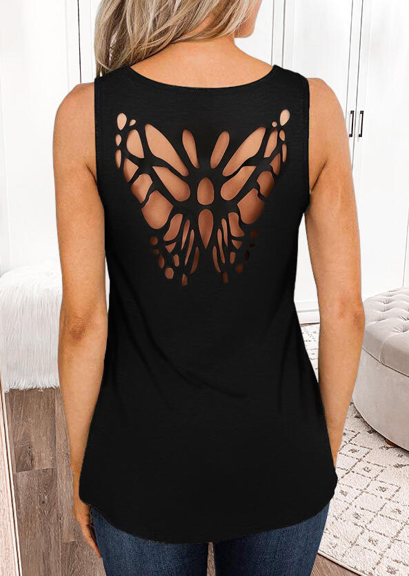 

Tank Tops Butterfly Hollow Out Casual Tank in Black. Size