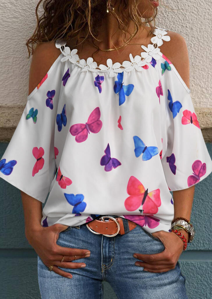 

Blouses Lace Floral Butterfly Splicing Cold Shoulder Blouse without Necklace in White. Size