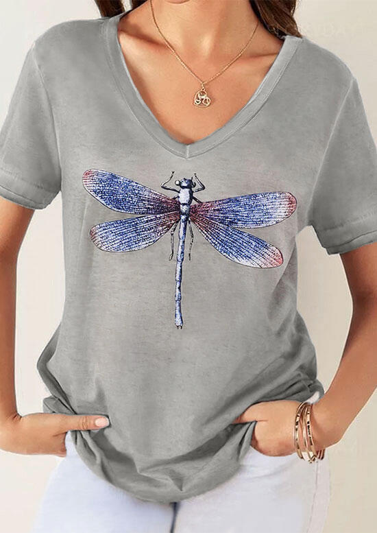 

Dragonfly V-Neck T-Shirt Tee without Necklace - Gray, 475111