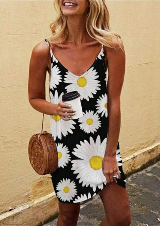 

Mini Dresses Daisy Floral Spaghetti Strap Mini Dress in Black. Size