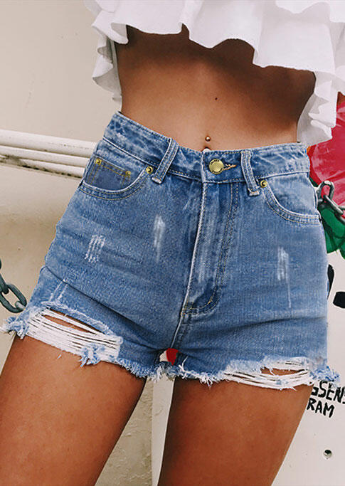 

Shorts Ripped Hole Pocket Button Zipper Denim Shorts in Light Blue. Size