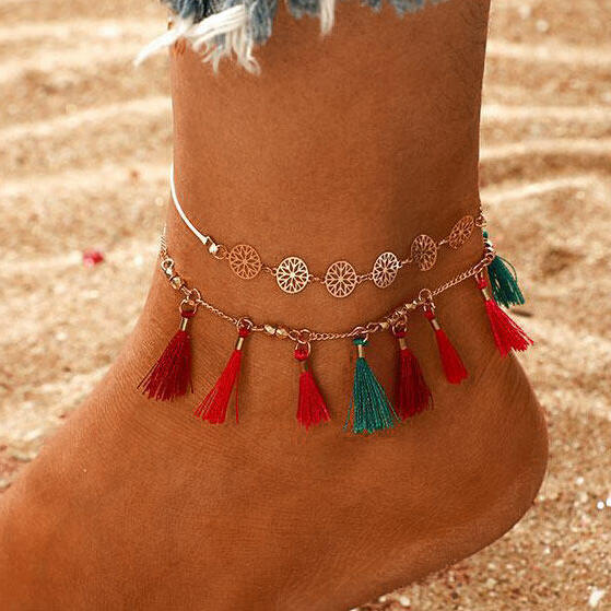 

Body Jewelry 2Pcs Bohemian Tassel Hollow Out Anklet in Gold. Size