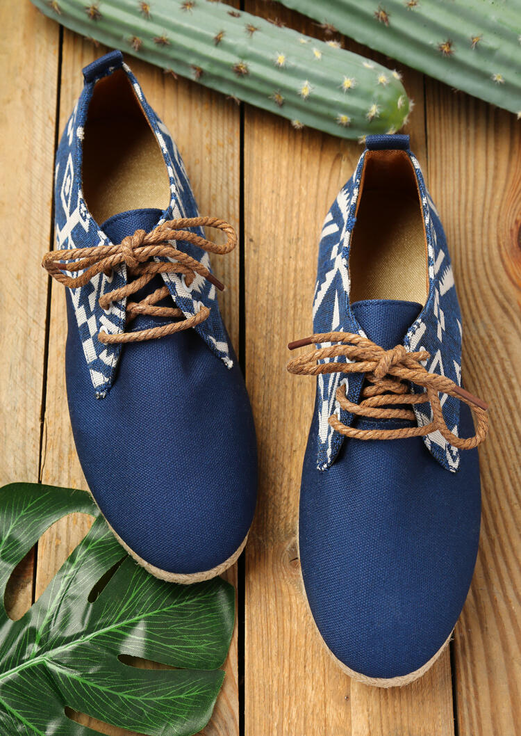 

Geometric Round Toe Lace Up Flat Sneakers - Deep Blue, 475217