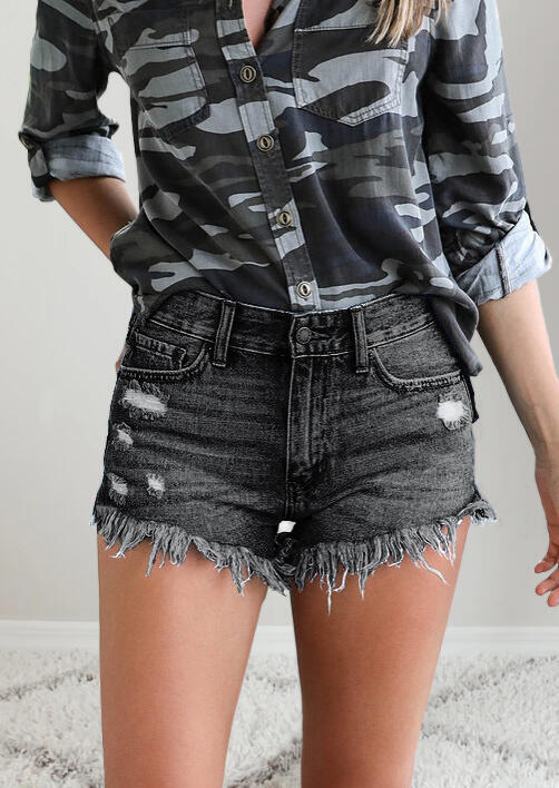 

Shorts Ripped Hole Pocket Denim Shorts in Black. Size