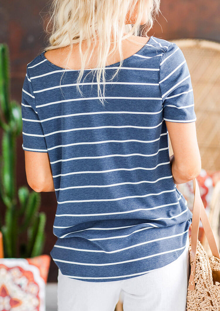 

Blouses Striped Lace Splicing Button Blouse in Blue. Size