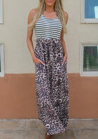 Leopard Striped Splicing Pocket Maxi Dress