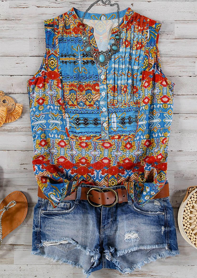 

Floral Ruffled Button V-Neck Tank without Necklace, Multicolor, 474648