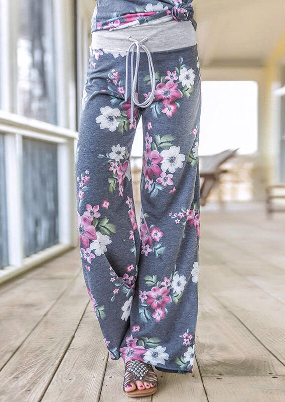 

Pants Floral Drawstring Wide Leg Pants in Gray. Size