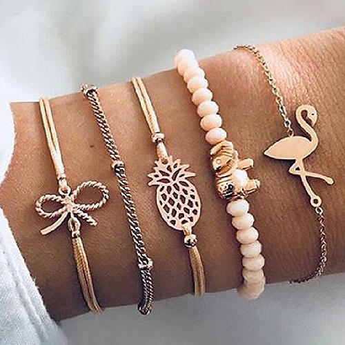 

Bracelet 5Pcs Flamingo Pineapple Bowknot Beading Bracelet in Gold. Size