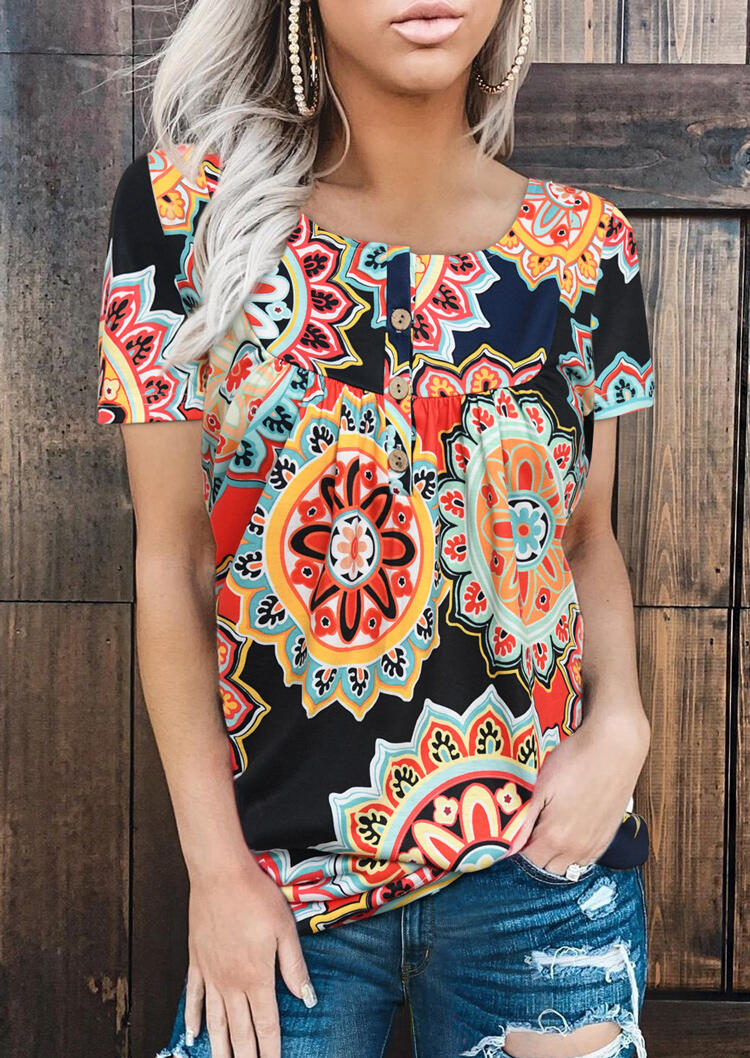 

Mandala Floral Button Ruffled Blouse without Necklace, Multicolor, 475300