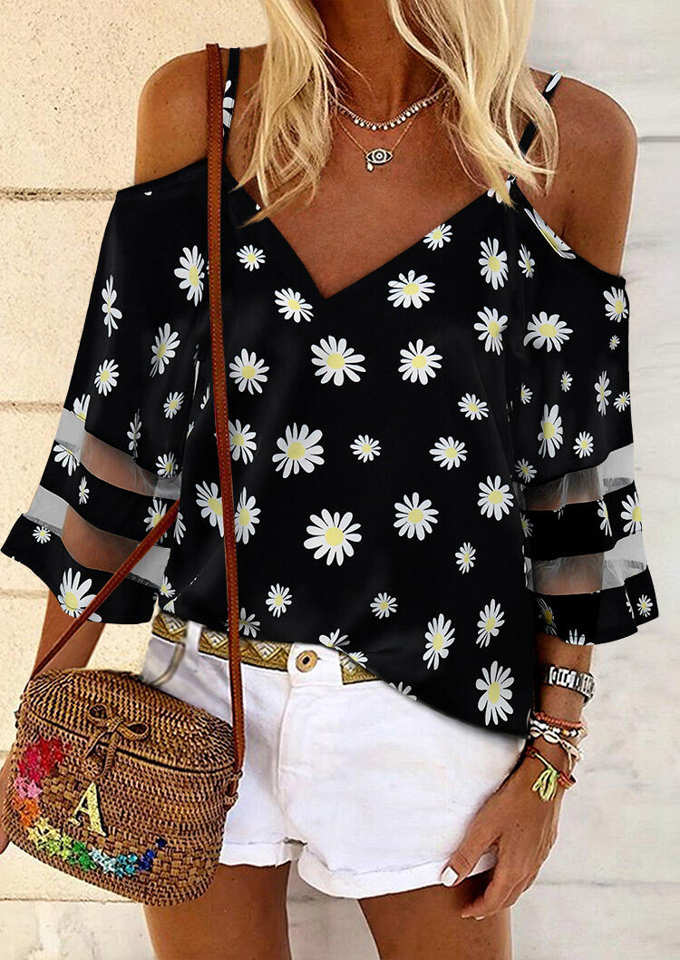

Blouses Daisy Floral Transparent Cold Shoulder Blouse without Necklace in Black. Size