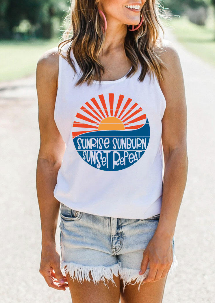 

Tank Tops Sunrise Sunburn Sunset Repeat Tank in White. Size