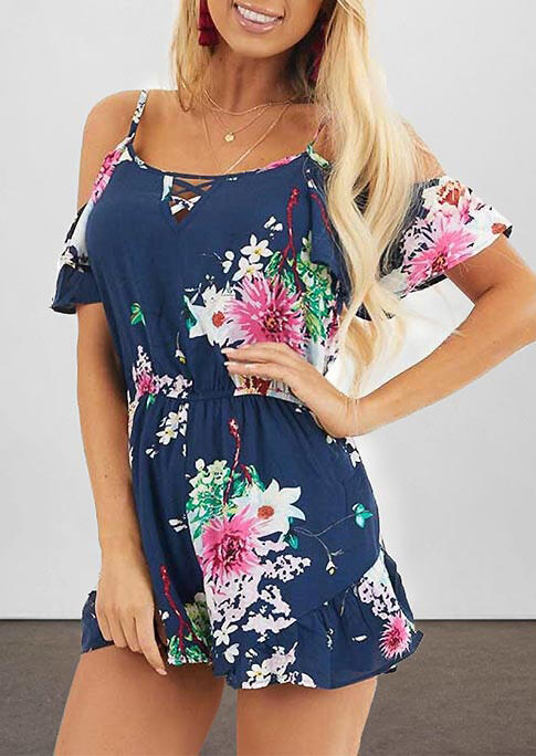 

Floral Cut Out Cold Shoulder Romper - Navy Blue, 475423