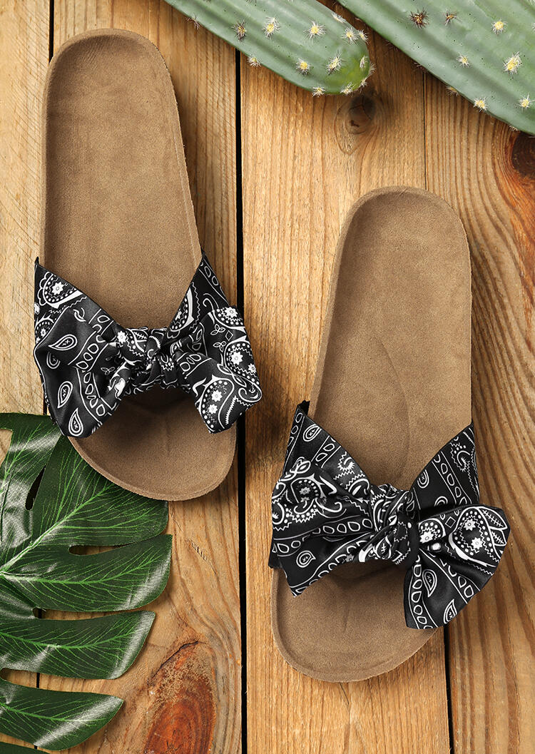 

Paisley Ethnic Bowknot Round Toe Slippers, Black, 475458