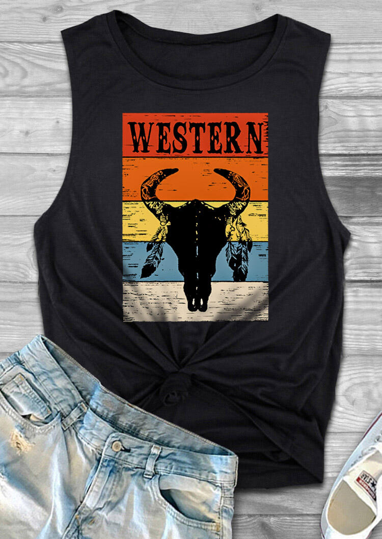 

Western Steer Skull Feather Tank - Black, 475460