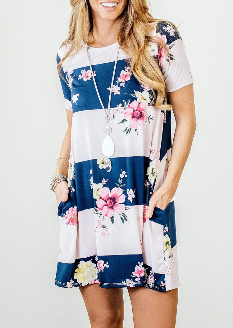 

Mini Dresses Floral Striped Splicing Pocket Mini Dress without Necklace in Multicolor. Size: S,,XL