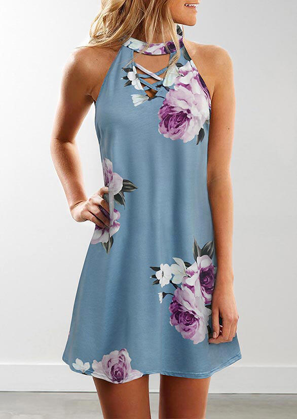 

Floral Criss-Cross Hollow Out Halter Sleeveless Mini Dress - Blue, 475428