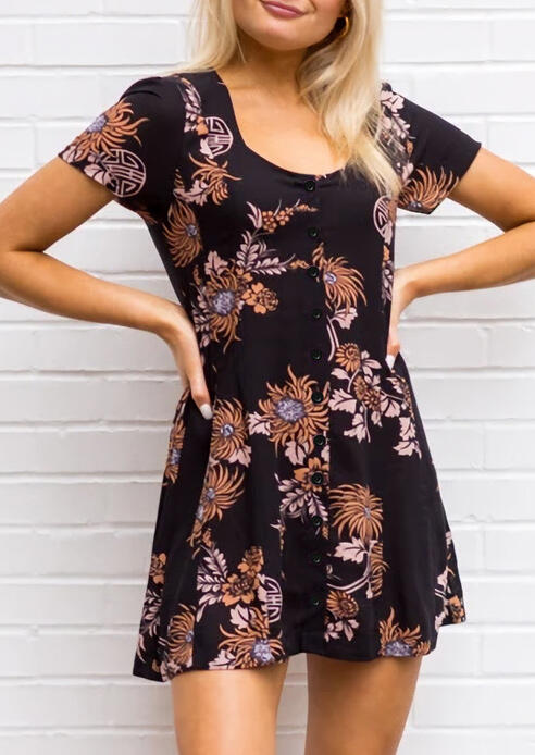 

Floral Button Mini Dress - Black, 475453