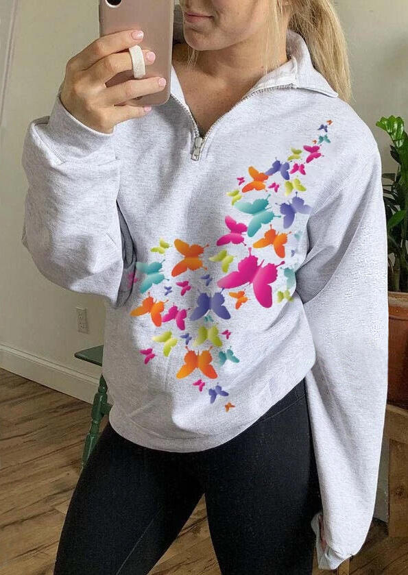 

Sweatshirts Colorful Butterfly Zipper Collar Sweatshirt in Light Grey. Size