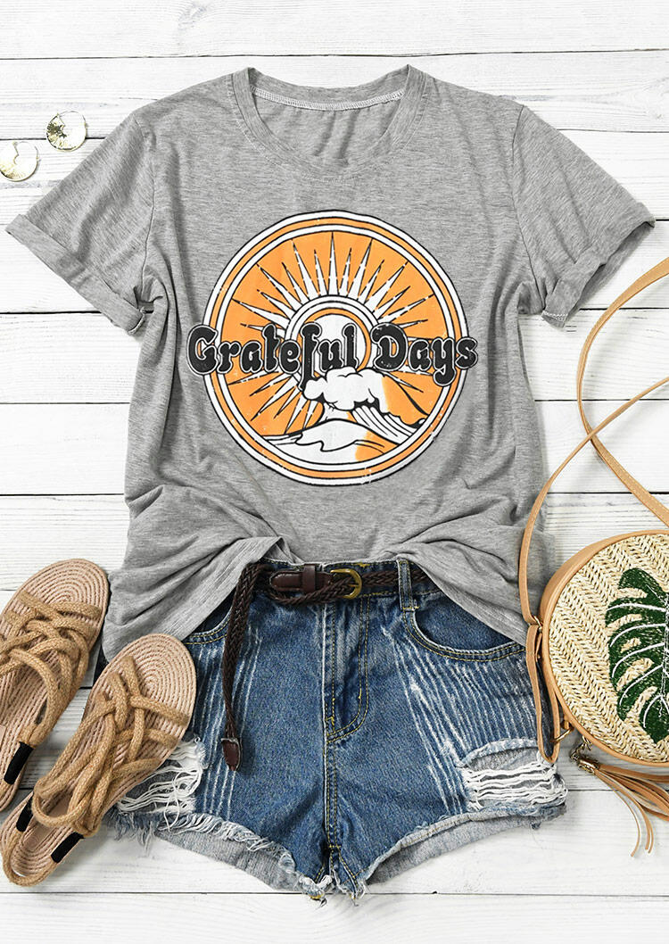

Grateful Days O-Neck T-Shirt Tee - Gray, 475619