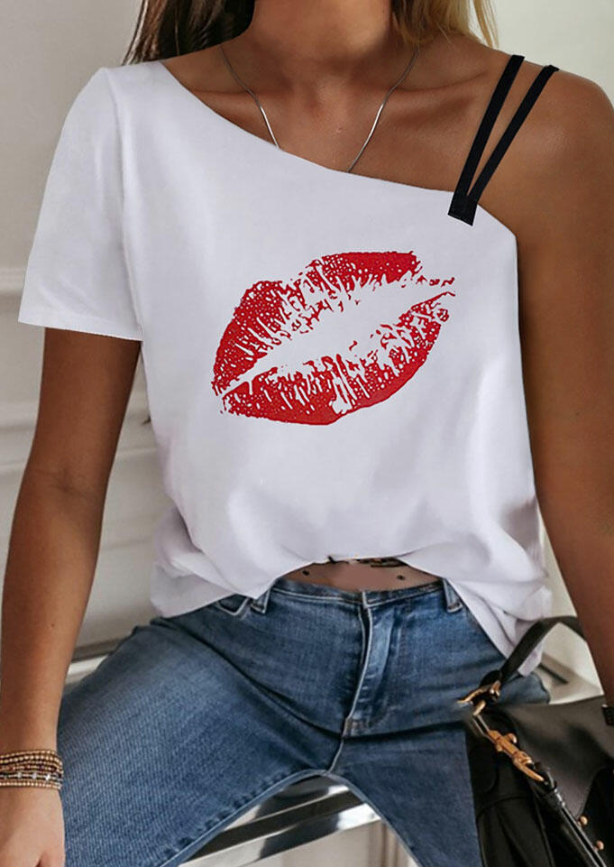 

Lips Hollow Out One Shoulder Blouse without Necklace - White, 475632