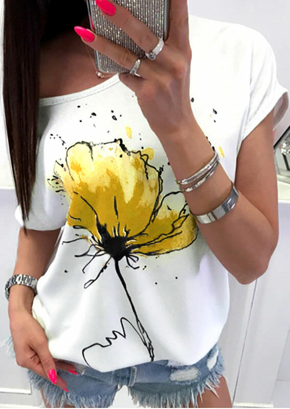

Tees T-shirts Floral O-Neck T-Shirt Tee without Necklace in White. Size