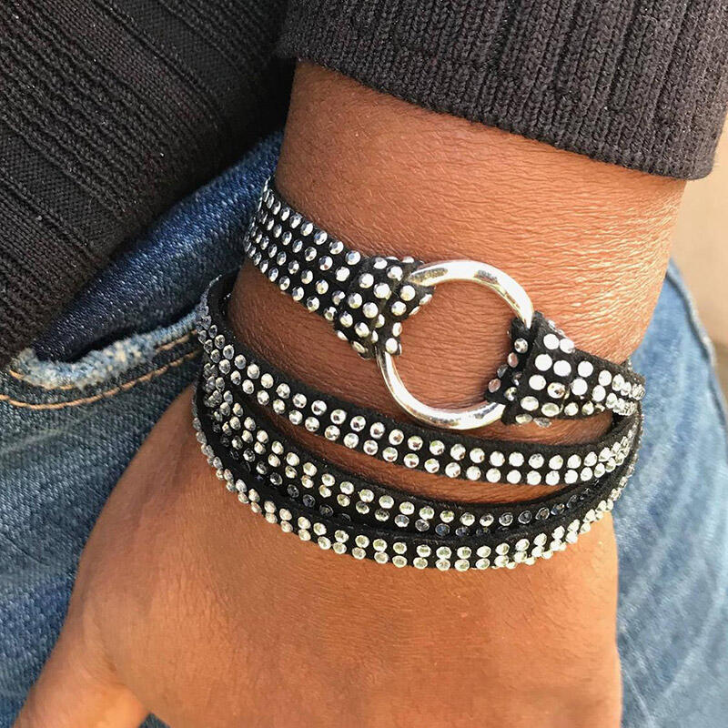 

Bracelet Crystal Rhinestone Faux Leather Wrap Bracelet in Black. Size