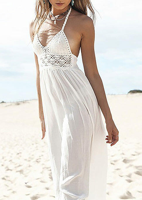 

Maxi Dresses Lace Splicing Hollow Out Open Back Tie Halter Maxi Dress without Necklace- White in White. Size: M,,XL