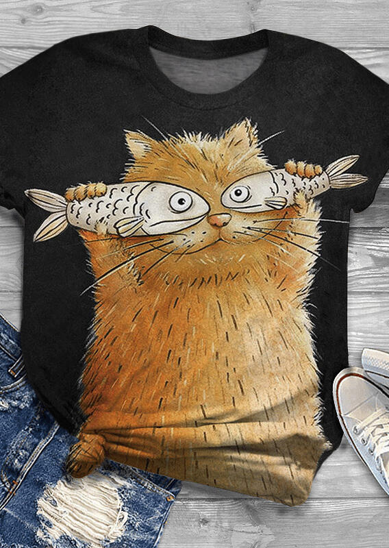 

Tees T-shirts Cat And Fish O-Neck T-Shirt Tee in Black. Size
